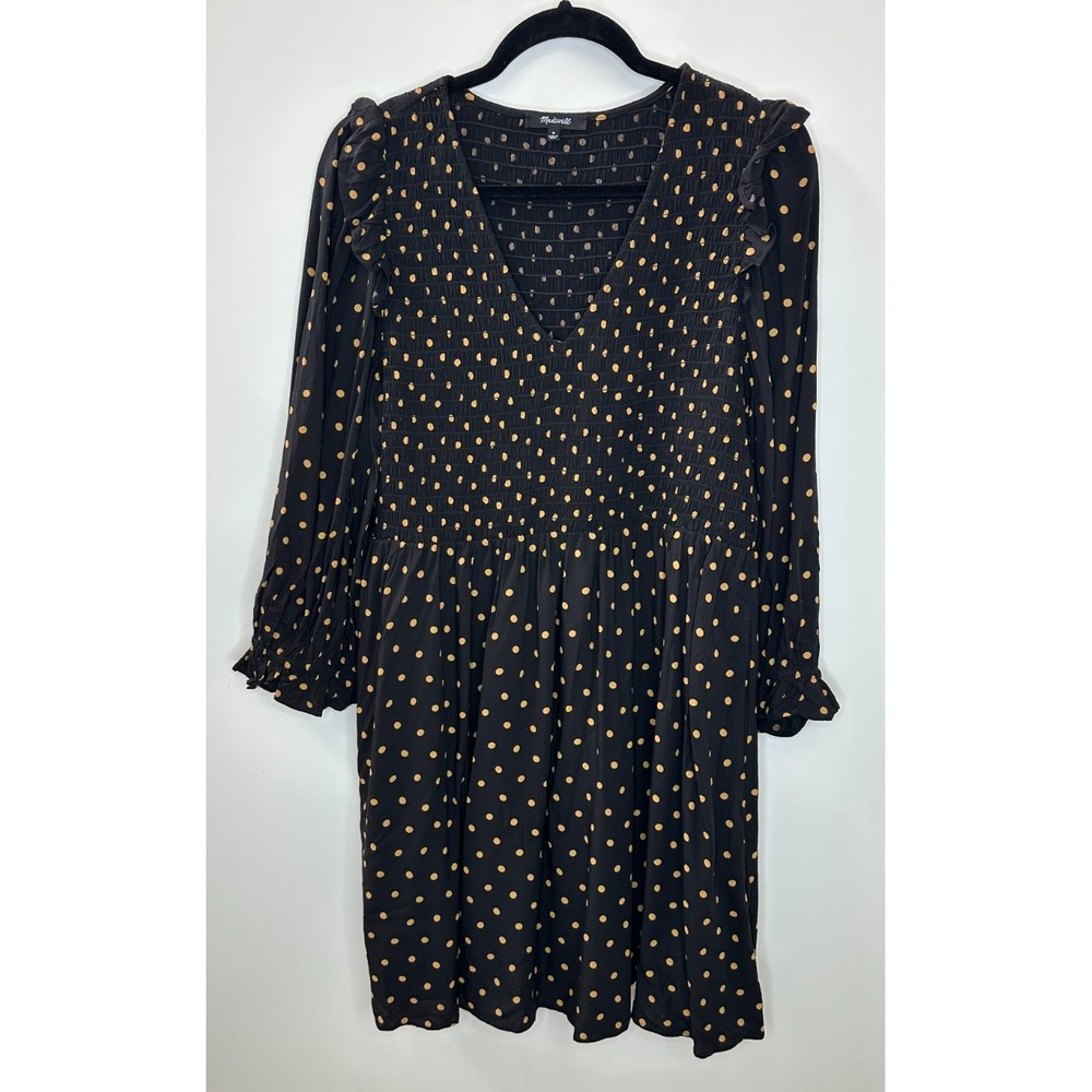 Madewell Lucie V-Neck Smocked Mini Dress Oval Dot Black Tan ND043 Size Medium - Picture 2 of 16
